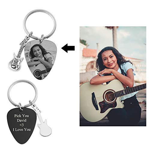 Custom Picture Keychain Engraved Text Stainless Steel Guitar Pick Keyring