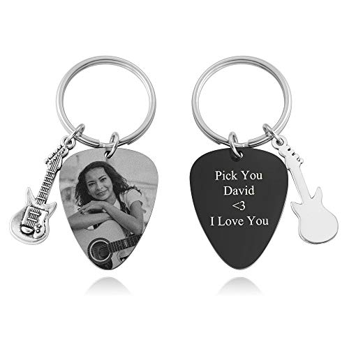 Custom Picture Keychain Engraved Text Stainless Steel Guitar Pick Keyring