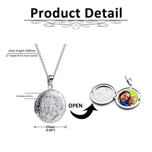 Personalized Photo Locket Necklace Custom Text Round Floral Locket Pendant  - Silver