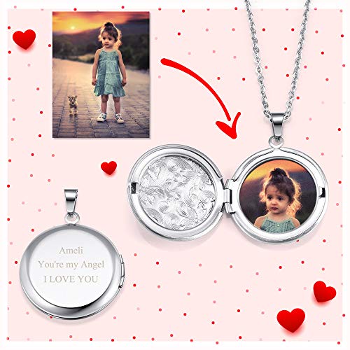 Personalized Photo Locket Necklace Custom Text Round Floral Locket Pendant  - Silver