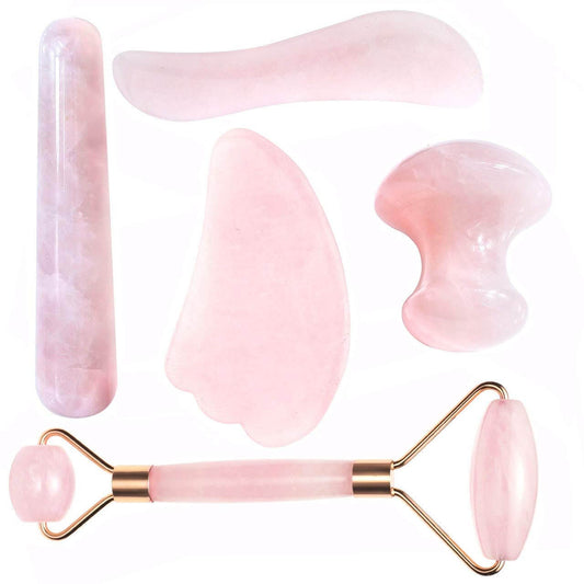 Jovivi facial roller Rose Quartz Jade Roller Gua Sha Scraping Massage Tools Set gua sha board