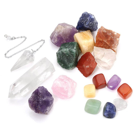 Jovivi 7 Chakra Healing Crystals Set/18pcs Kit-7 Tumbled Stones,7 Chakra Rough Stones,Clear Quartz Pendulum,Raw Amethyst Cluster, Rose Quartz, Crystal Point Reiki Meditation Set