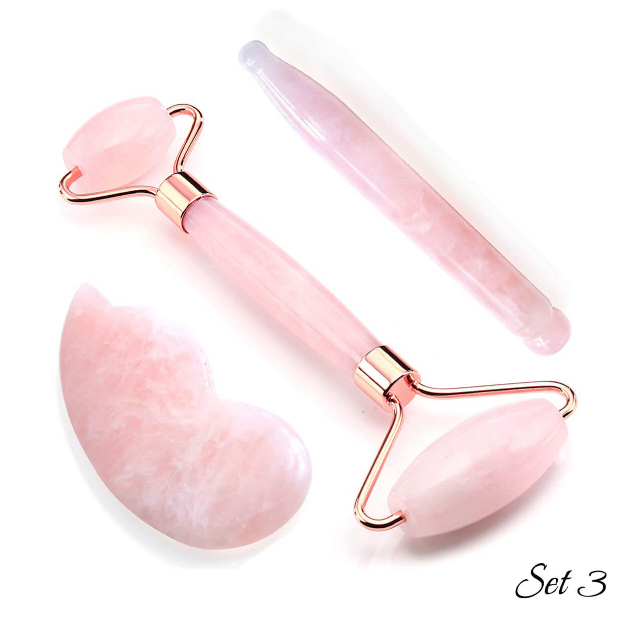 jovivi natural rose quartz 3pcs facial jade roller & stick gua sha board, front side, asg0039