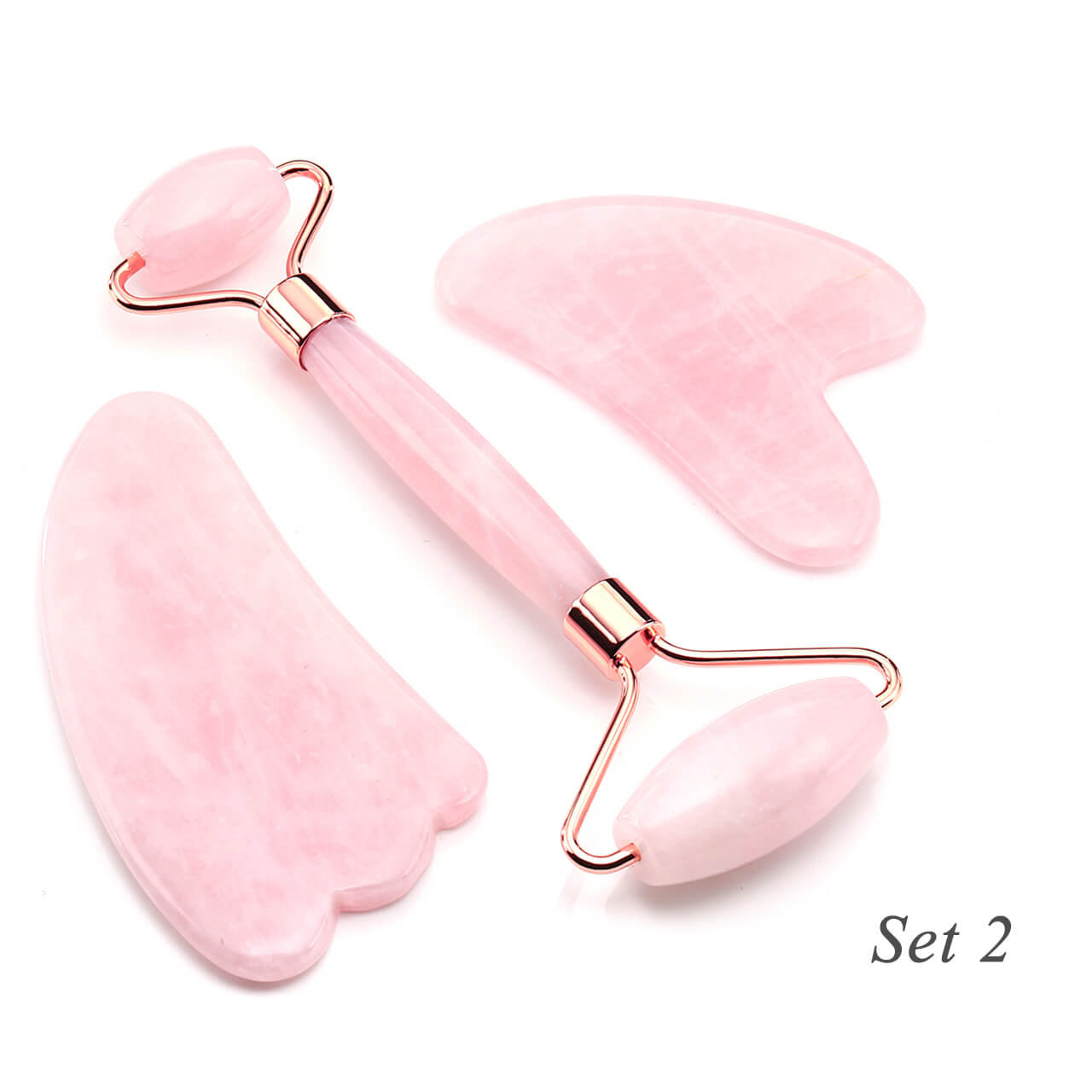 jovivi 3pcs natural rose quartz wing gua sha board facial jade roller for women skin care, set 2, asg0039