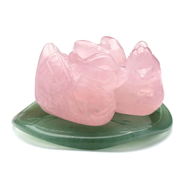 Jovivi Natural Rose Quartz Mandarin Ducks Love Birds on Lotus Leaf Figurine - (Male and Female) - Valentines Day Gifts