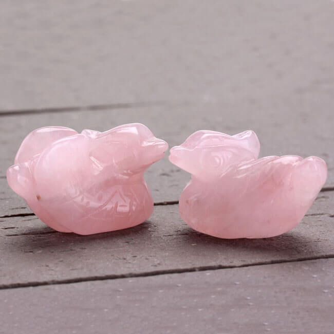 Jovivi Natural Rose Quartz Mandarin Ducks Love Birds on Lotus Leaf Figurine - (Male and Female) - Valentines Day Gifts