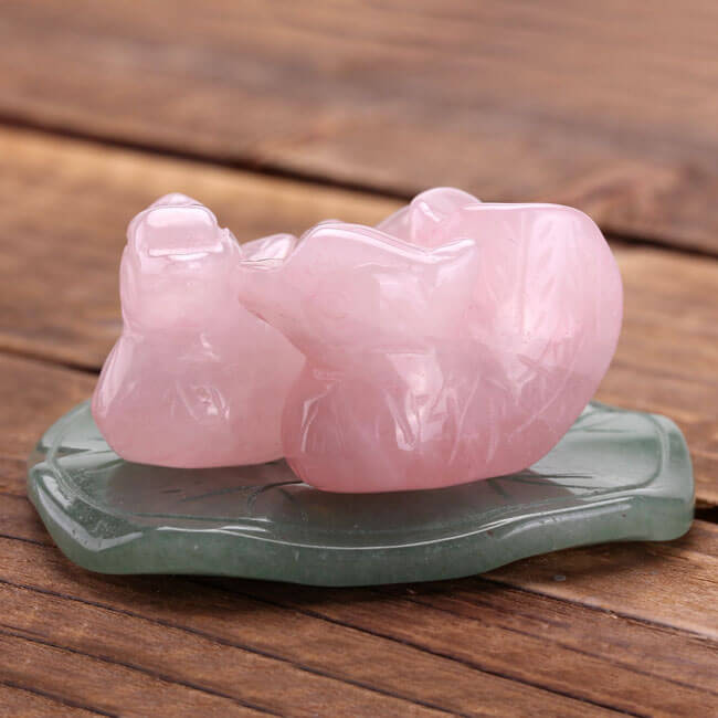Jovivi Natural Rose Quartz Mandarin Ducks Love Birds on Lotus Leaf Figurine - (Male and Female) - Valentines Day Gifts