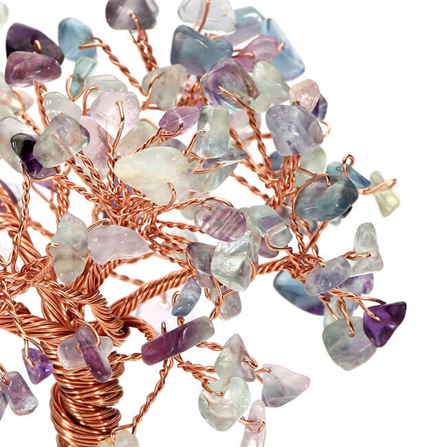 jovivi Chakra Healing Fluorite Crystals Copper Tree of Life Wrapped On Natural Clear Quartz Crystal Base Money Tree Feng Shui Luck Figurine Decoration chips