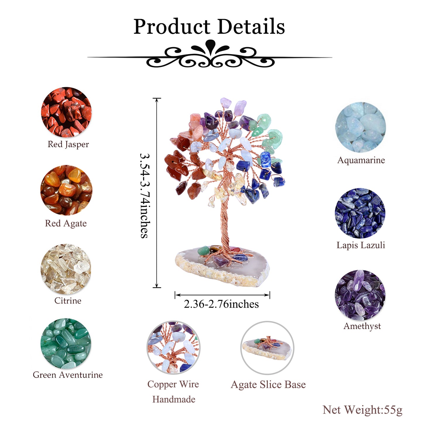 CrystalTears 7 Chakra Healing Crystals Tree on Agate Slice Base Healing Stones Gem Money Tree for Feng Shui Home Office Table Decorations