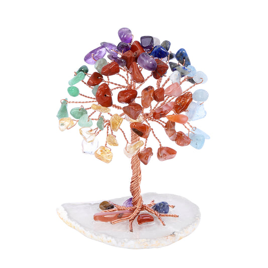 CrystalTears 7 Chakra Healing Crystals Tree on Agate Slice Base Healing Stones Gem Money Tree for Feng Shui Home Office Table Decorations