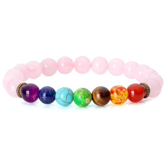 Jovivi Natural Rose Quartz 7 Chakra Crystal Reiki Healing Bracelet, jjb06441