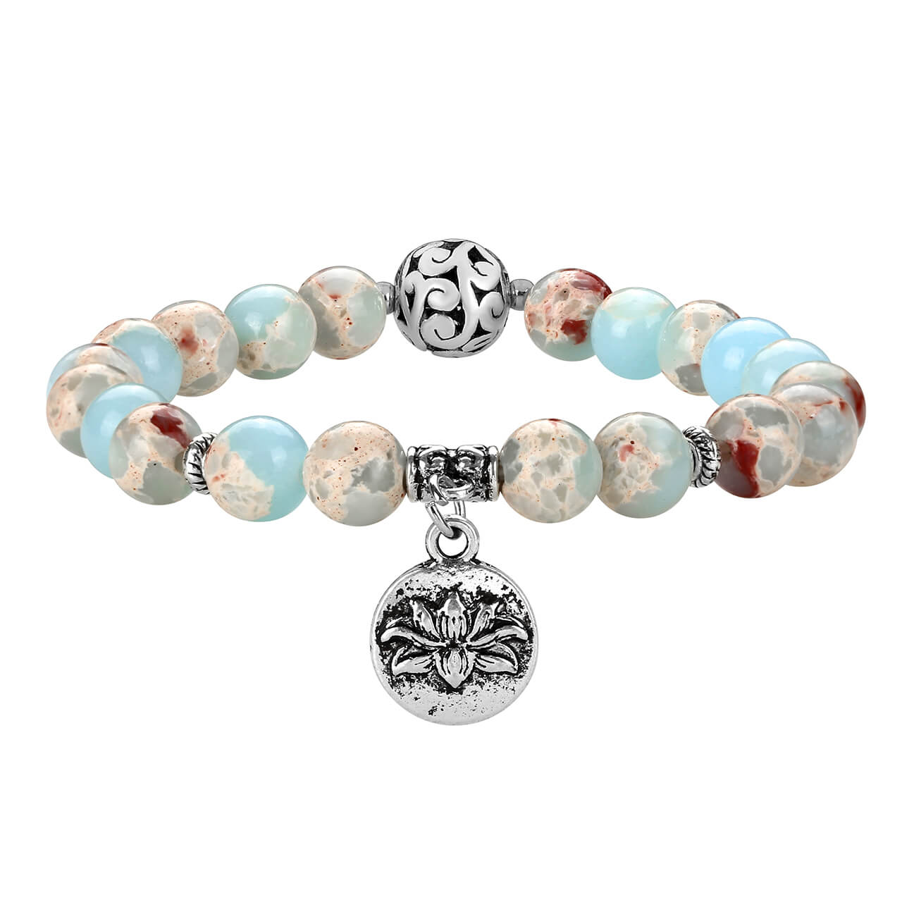 jovivi natural jasper beaded bracelet with lotus charm, jjb082907