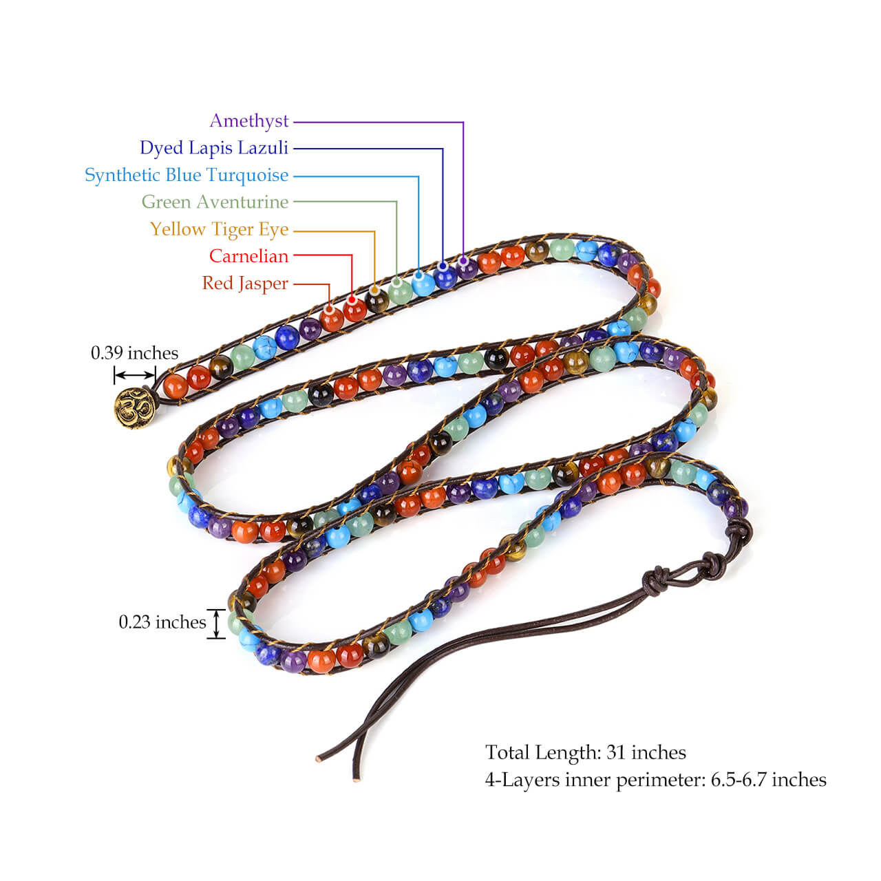 7 Chakras Crystal Beads Leather Braided Wrap Bracelet | Jovivi - Jovivi
