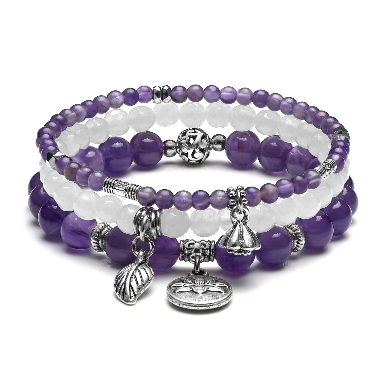 jovivi 3pcs amethyst beaded bracelets with lotus charm jjb086501