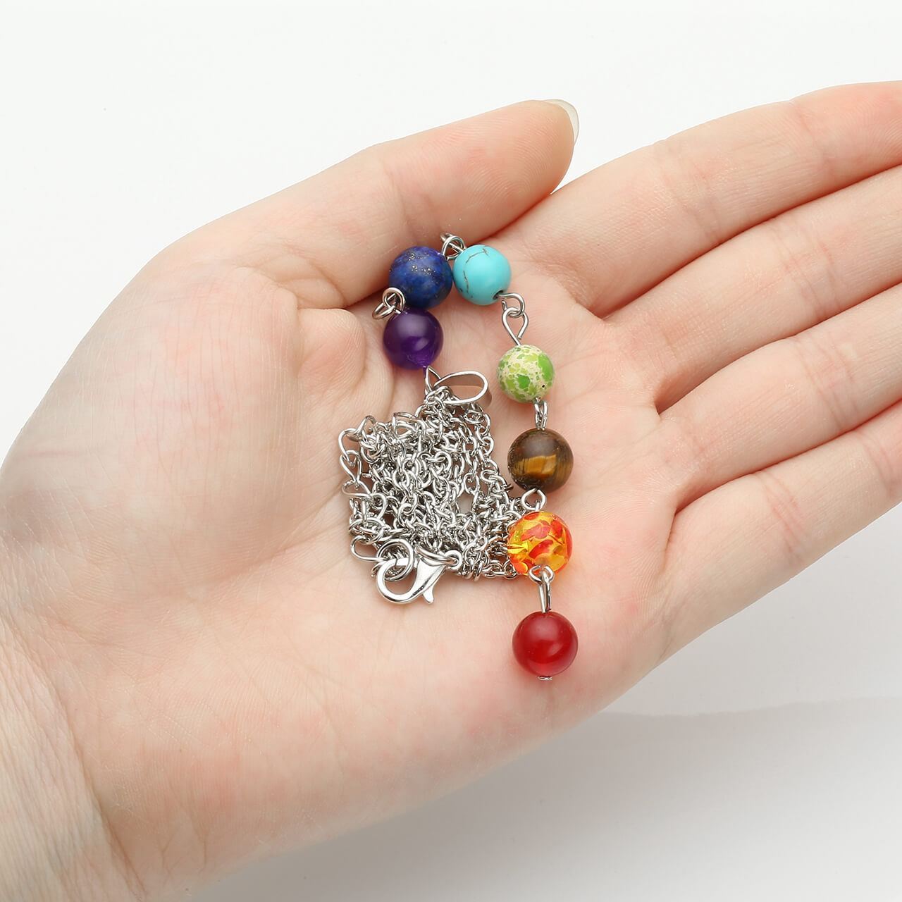 Jovivi Women 8mm real Stone Chakras Beading Pendant Necklace Chain with 7 Chakras Pendulum