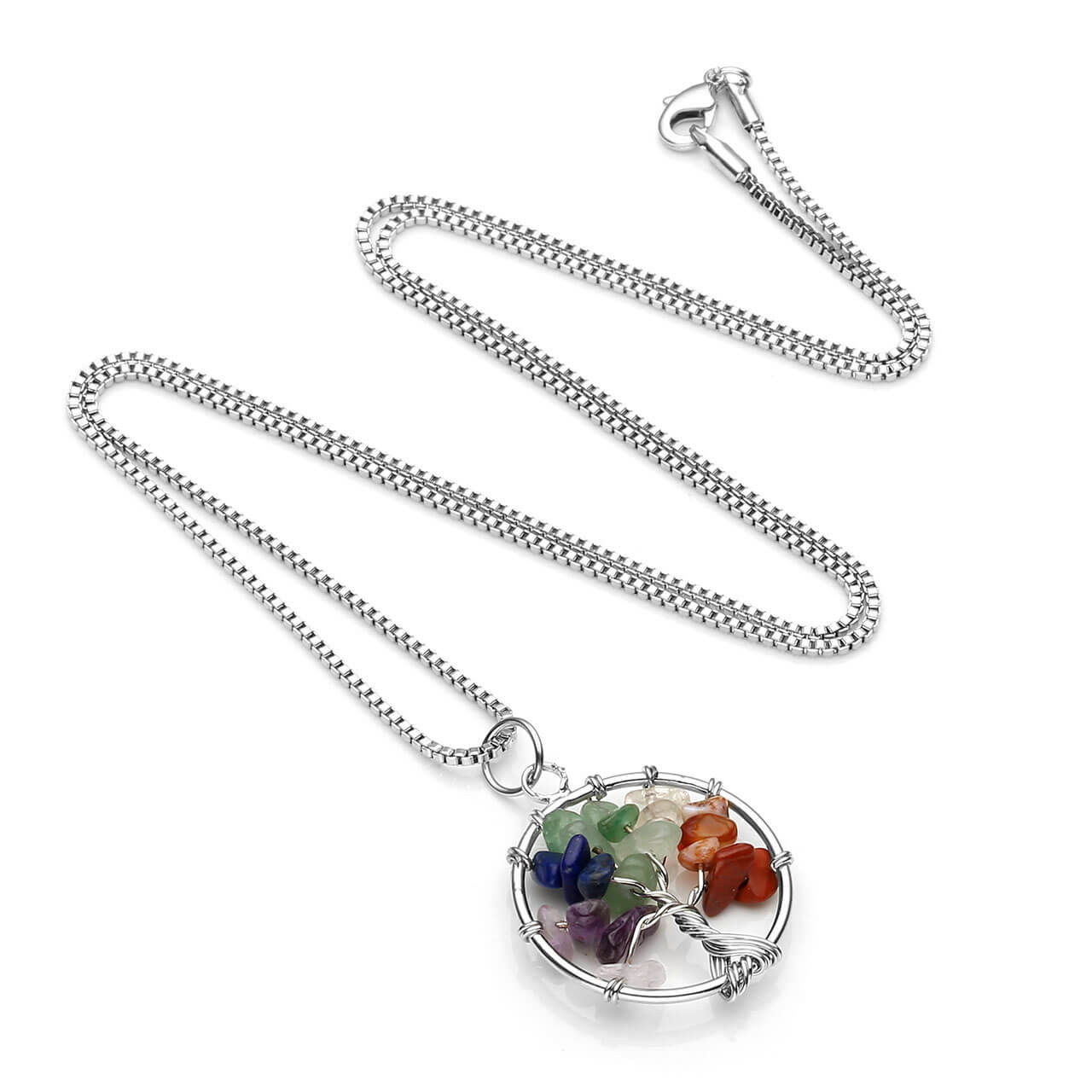 Jovivi personalize customize 7 Chakras Gemstone Charms Crystal Quartz Tree of Life Pendant Necklace engrave necklace