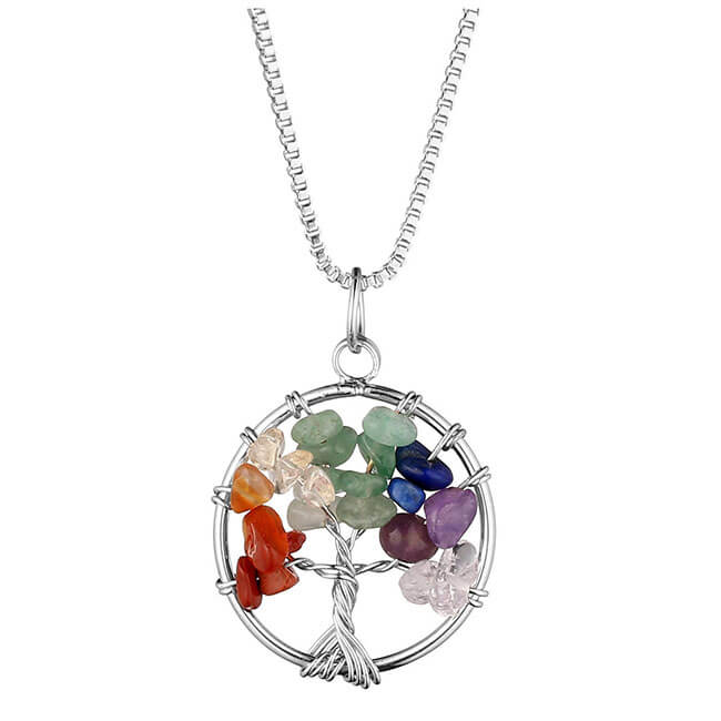 Jovivi personalize customize 7 Chakras Gemstone Charms Crystal Quartz Tree of Life Pendant Necklace engrave necklace