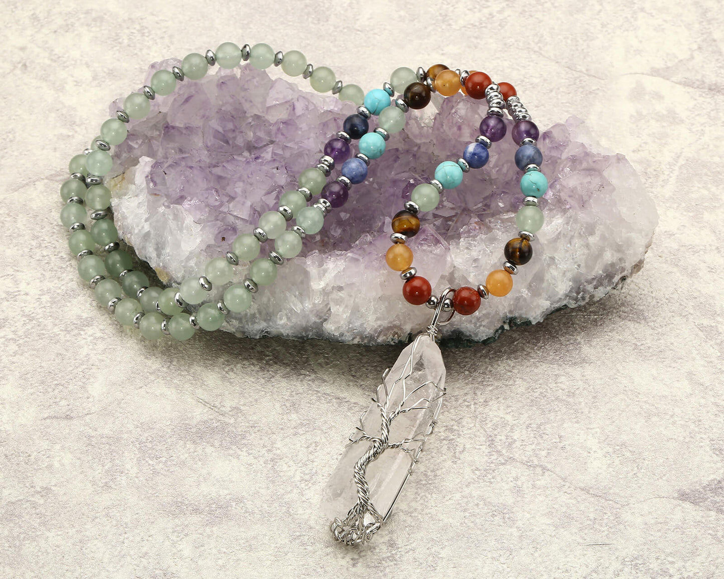 Jovivi Green Aventurine beaded necklace healing reiki tree of life pendant