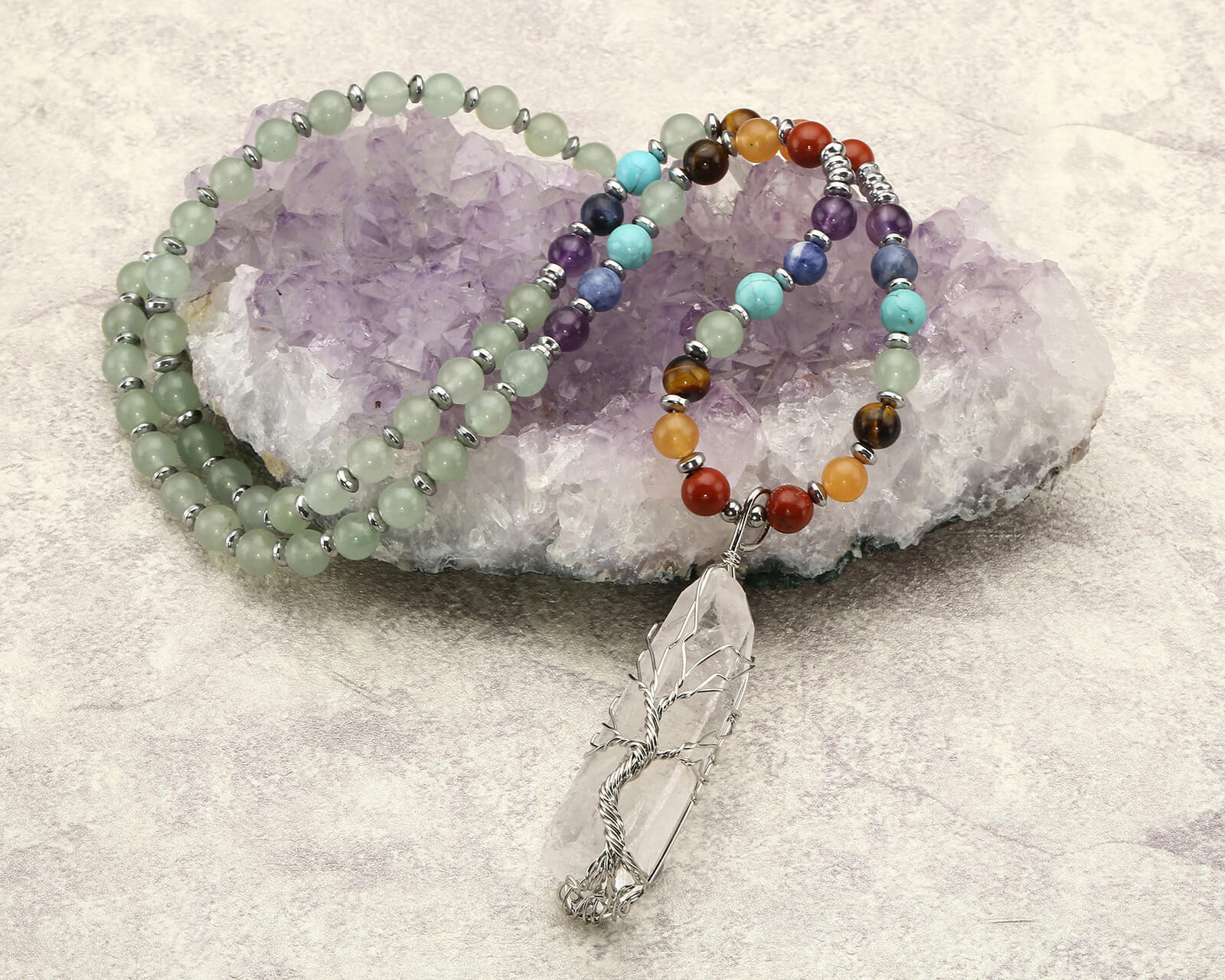 Jovivi Green Aventurine beaded necklace healing reiki tree of life pendant