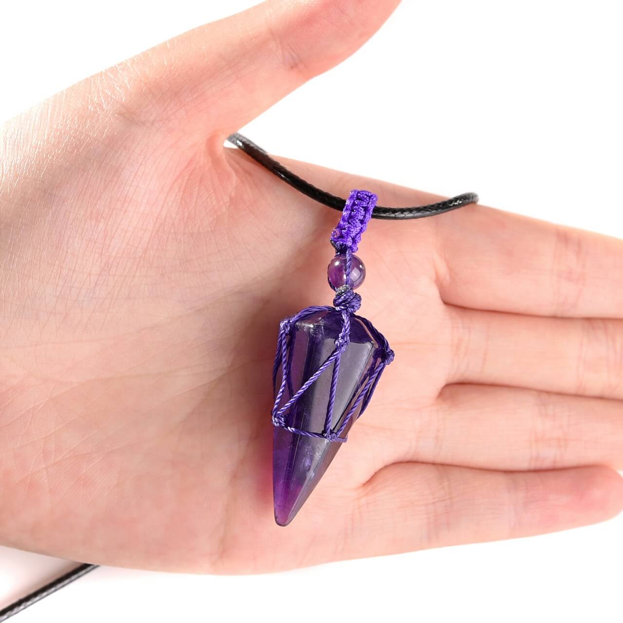 jovivi natural amethyst pointed crystal necklace front side, jjn071601