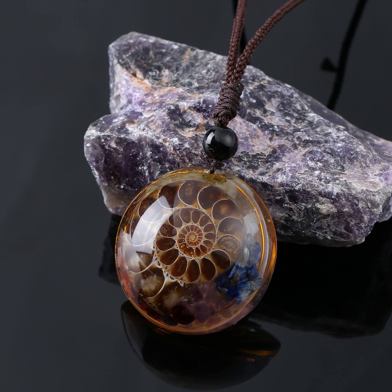 Jovivi Ammonite Fossil Pendant Necklace Resin Healing 7 Chakra Crystal, jjn074201