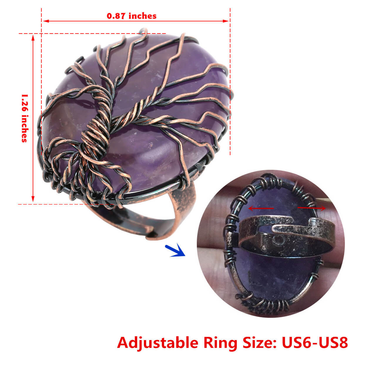 Vintage Ring Copper Wire Wrapped Tree of Life Oval Gemstone | Jovivi