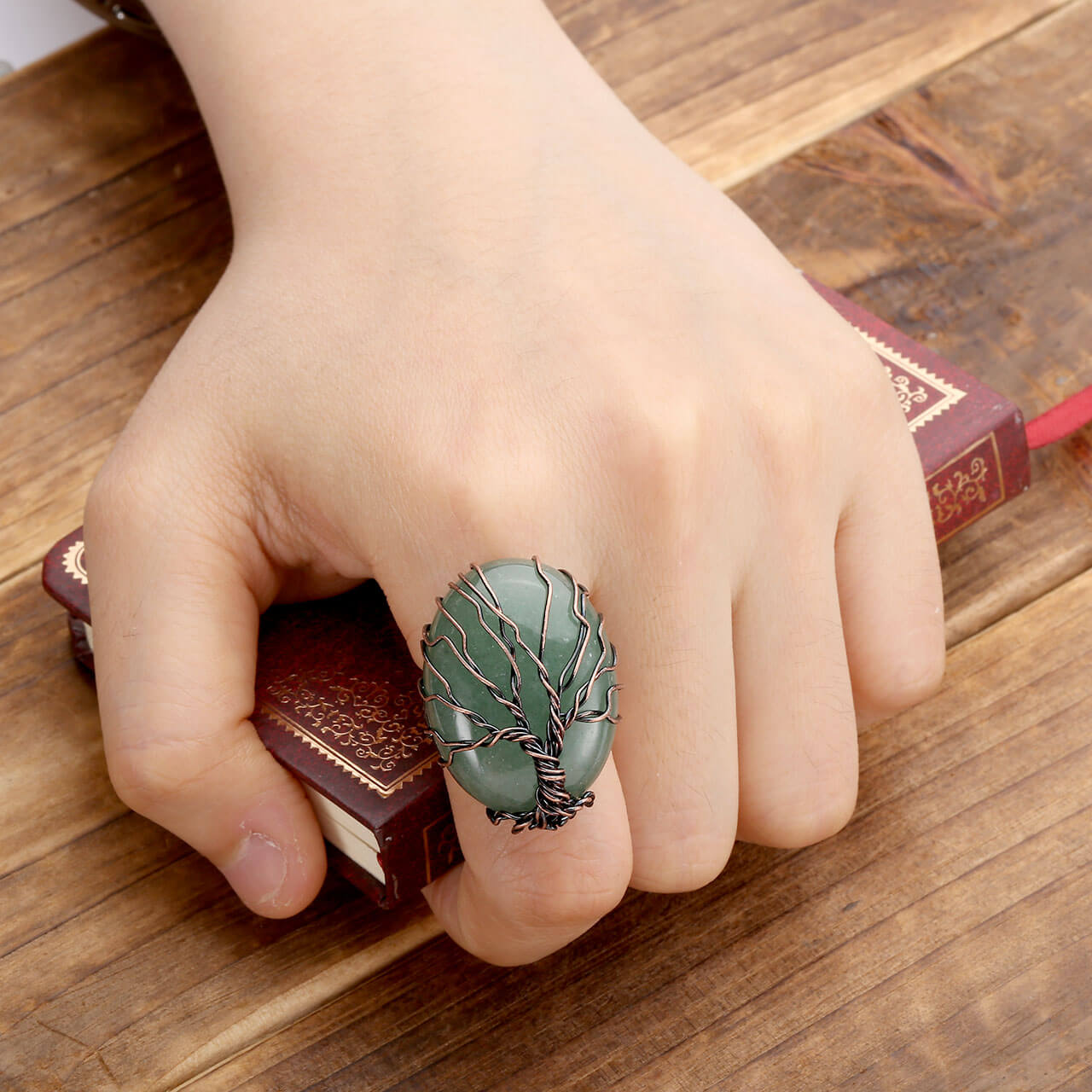 jovivi oval green aventurine gemstones copper wires wrapped tree of life ring for women, jkr012403