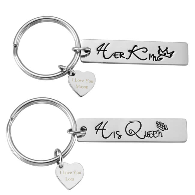 JOVIVI Custom Keychain - Personalized Name Message 2pcs Stainless Steel Laser Engraving His Queen Her King His and Hers Cute Couple Keychain Set for Valentines Day Gifts