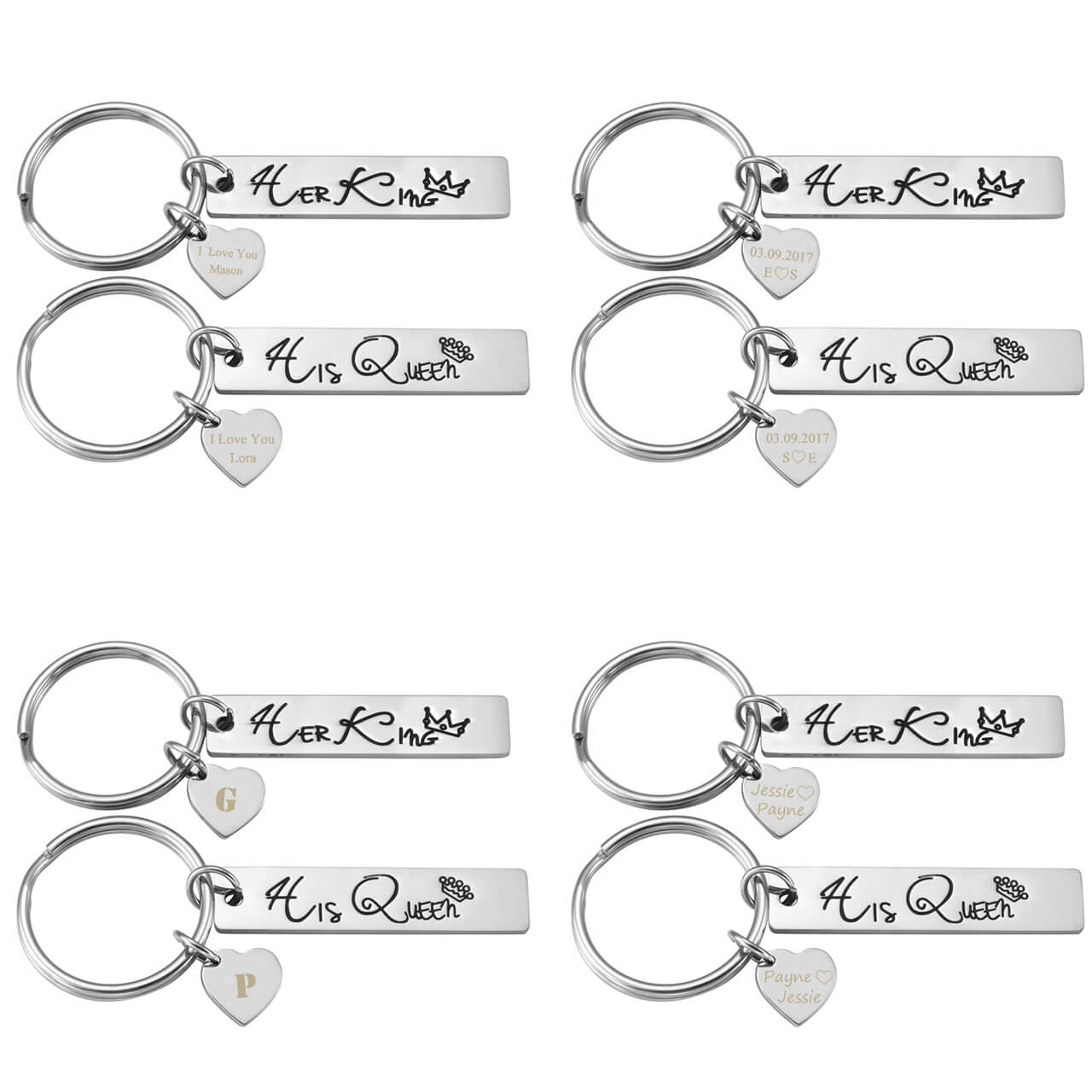 JOVIVI Custom Keychain - Personalized Name Message 2pcs Stainless Steel Laser Engraving His Queen Her King His and Hers Cute Couple Keychain Set for Valentines Day Gifts