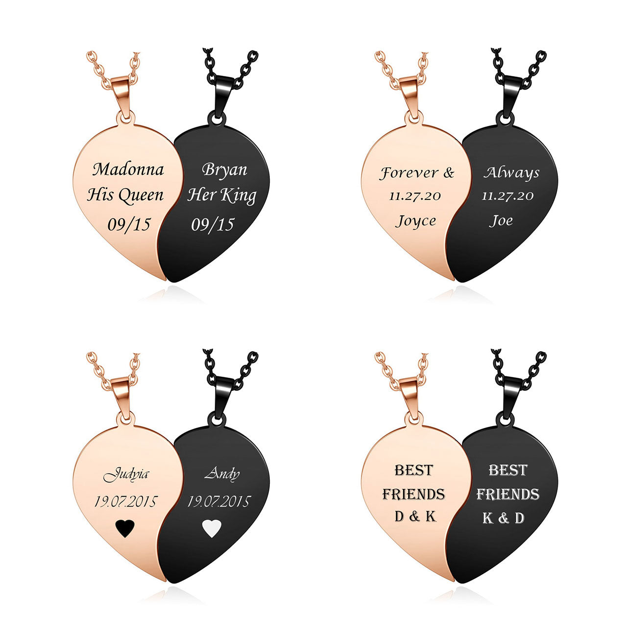 Customize Matching Heart Couple Necklaces Black and rose gold pendant personalized warming Love words