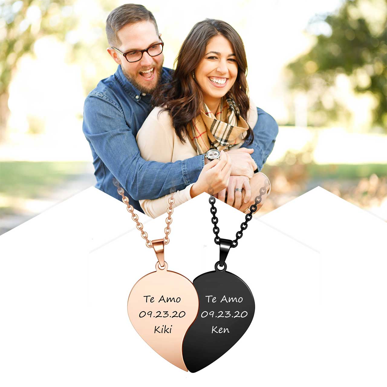 Customize Matching Heart Couple Necklaces Black and rose gold pendant personalized warming Love words