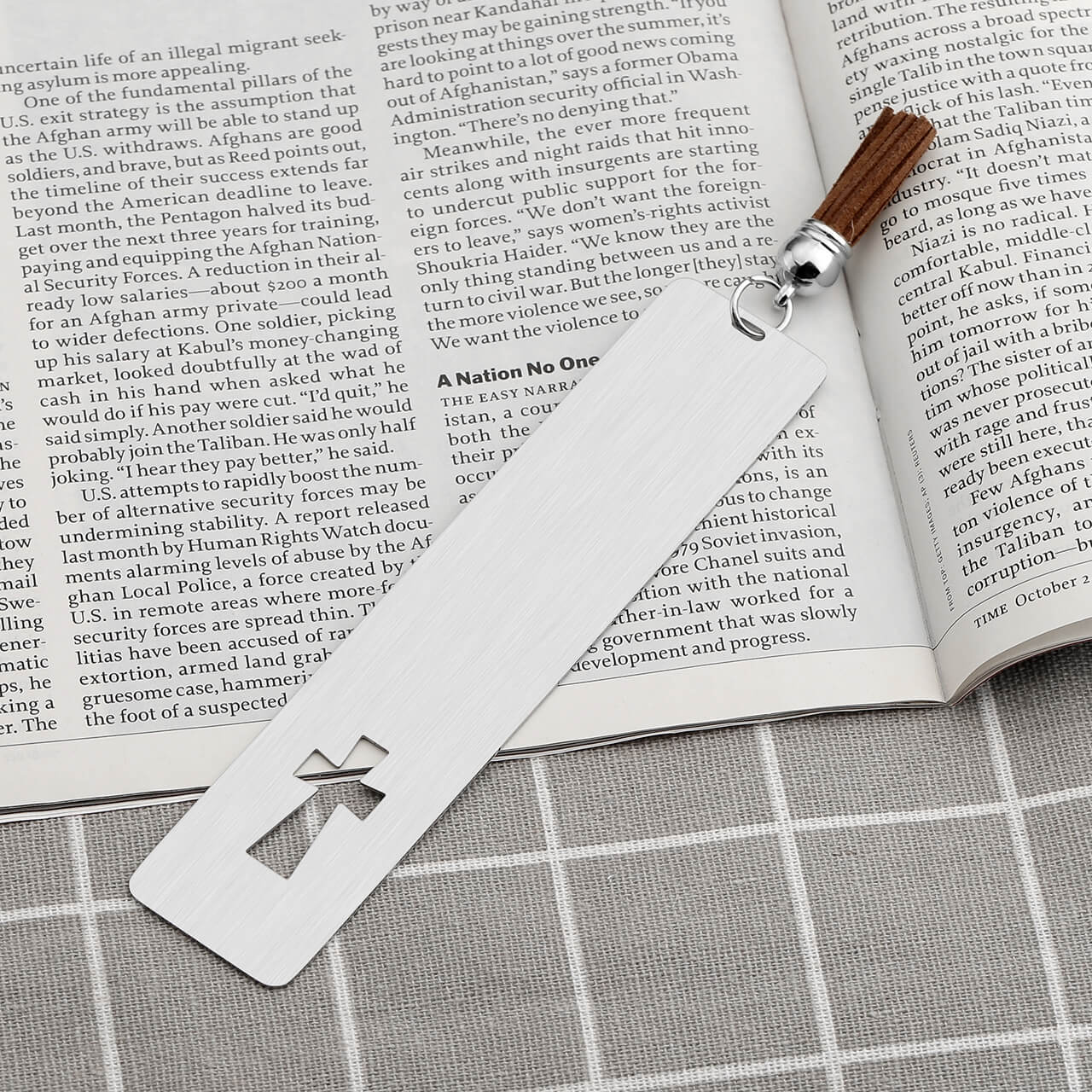 JOVIVI Personalized Metal Bookmarks, Custom Message Stainless Steel Rectangle Tag with Cross Tassel for Book Lover Kids Office School Reading