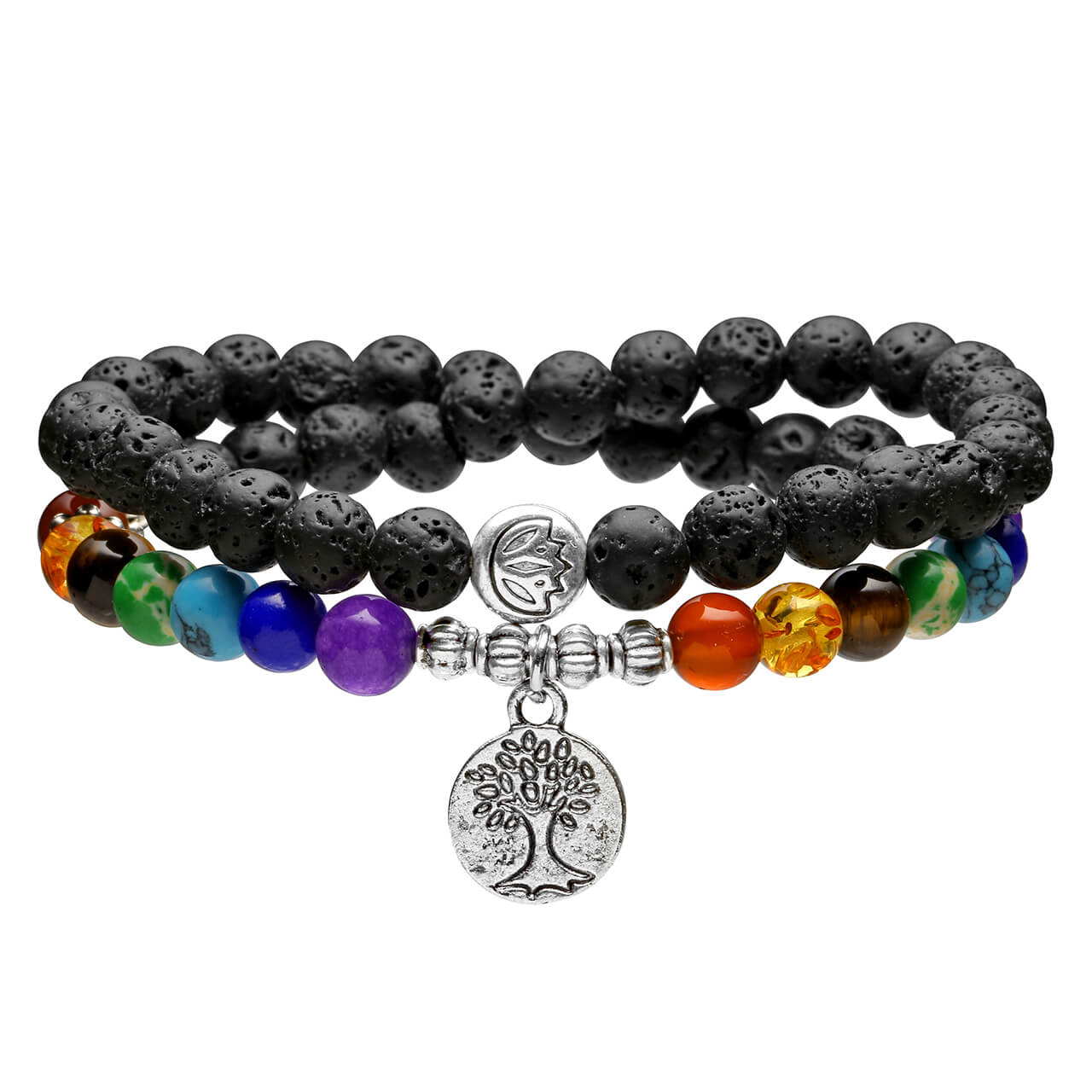 6mm Lava Rock Buddhist Prayer Beads 7 Chakra Tibetan Mala Tree of Life Diffuser Bracelet, front side, jnw004901