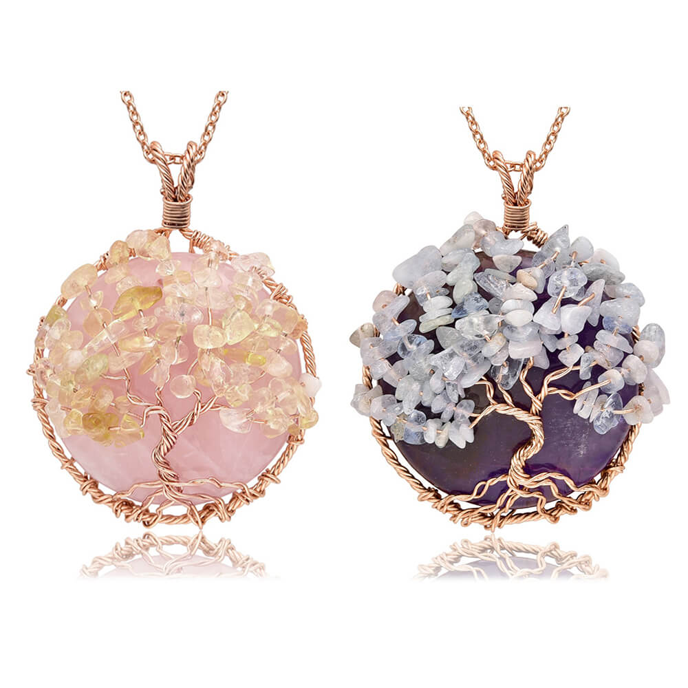 Tree of Life Copper Wire Wrapped Healing Crystal Necklace | Jovivi