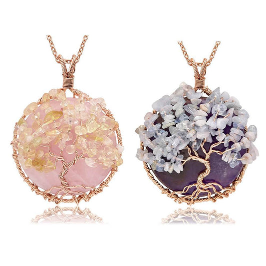 Tree of Life Copper Wire Wrapped Healing Crystal Necklace | Jovivi