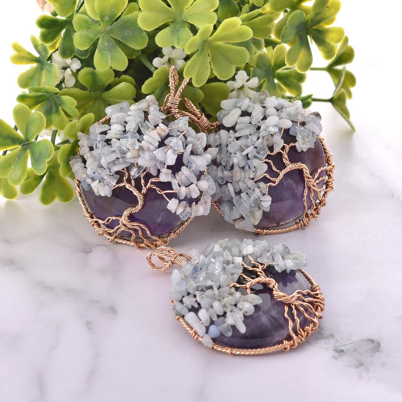 Jovivi amethyst tree of life healing crystal pendant for women with opal chip stones, qnd5710