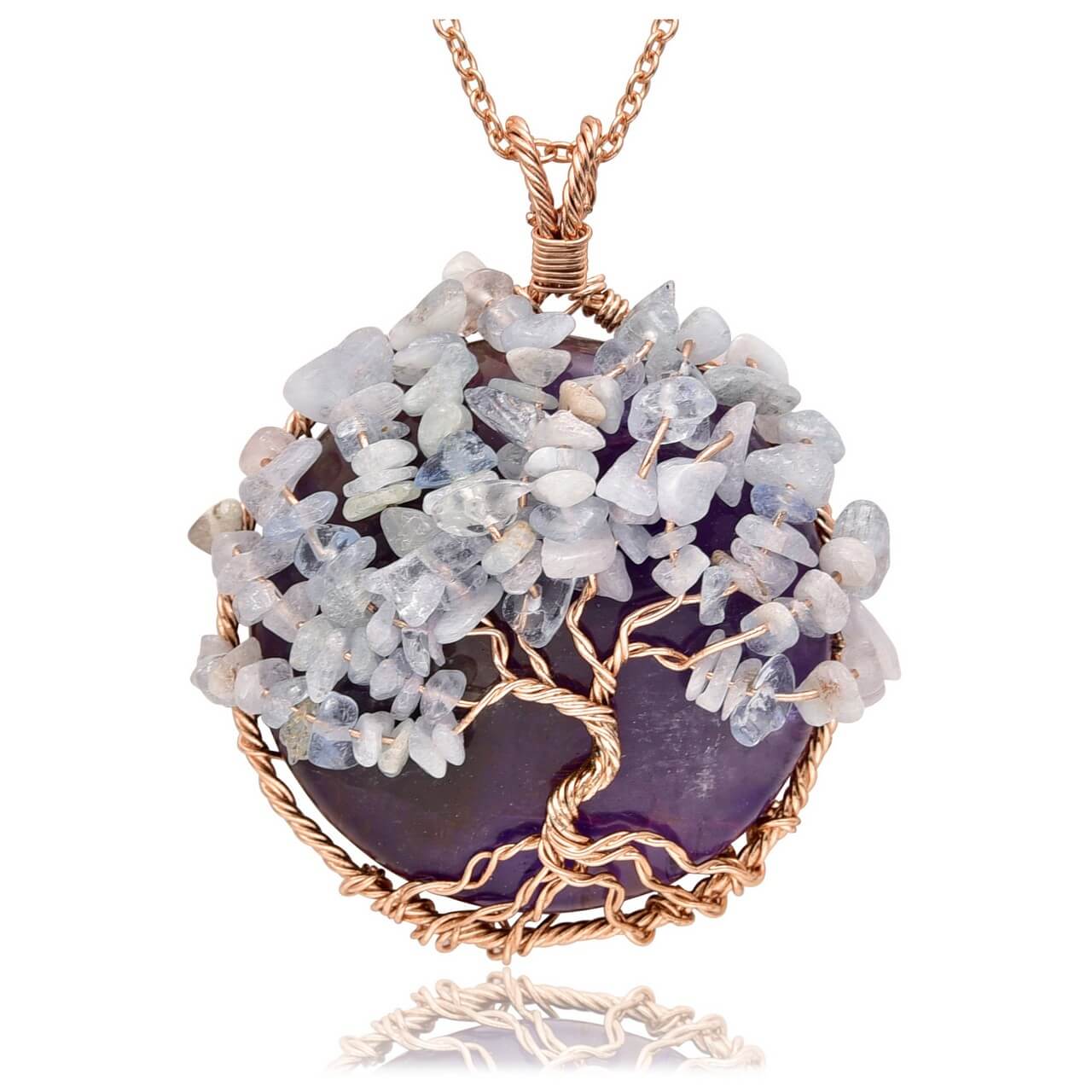 Jovivi amethyst handmade pendant necklace copper wires wrapped opal chip stones, qnd5710