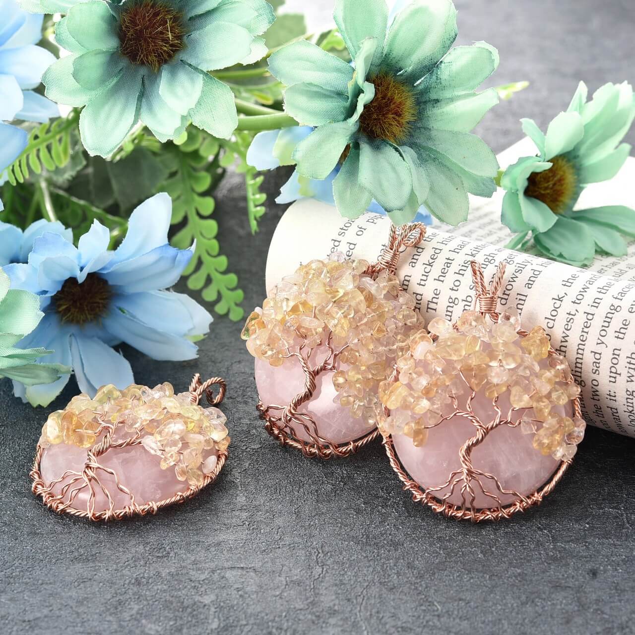 Jovivi crystal pendant necklace rose quartz reiki jewelry with Citrine Crushed Stone, qnd5710