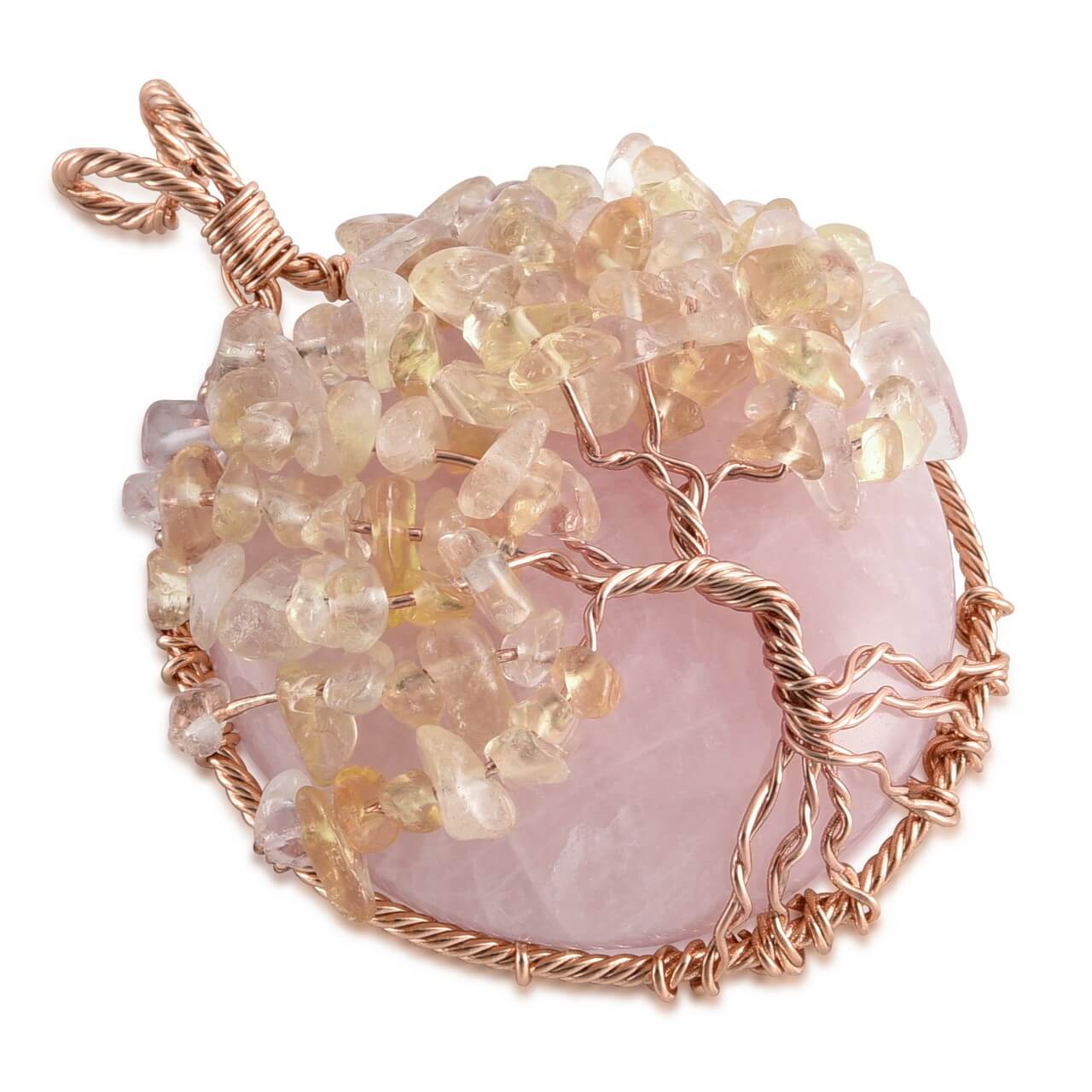jovivi natural rose quartz handmade tree of life pendant with Citrine Crushed Stone as leaves, qnd5710