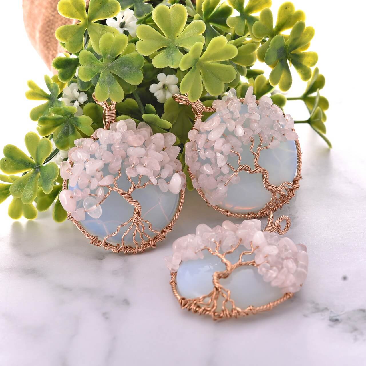 jovivi Synthetic opal & rose quartz chip stones tree of life pendant necklace, 3pcs, qnd5710
