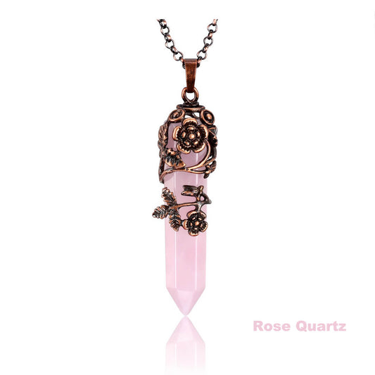 Antique Flower Wrapped Pointed Natural Gemstones Crystal Necklace | Jovivi