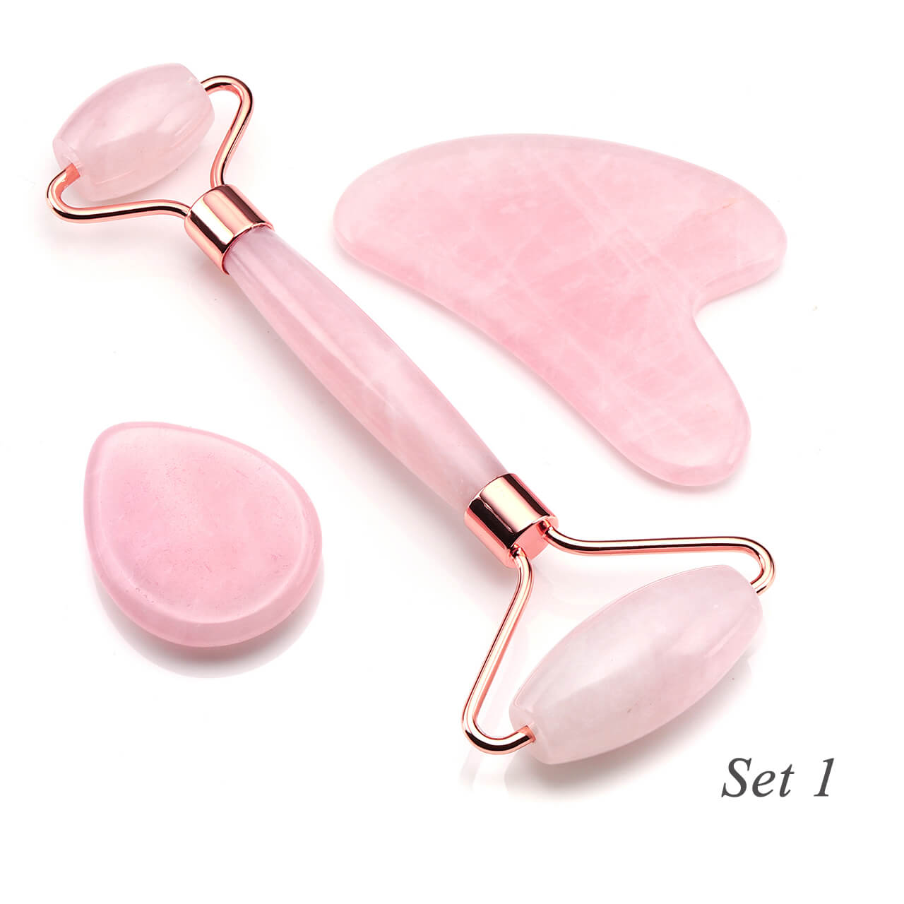 Jovivi 3 in 1 rose quartz gua sha board facial jade roller, set 1 front side, asg0039