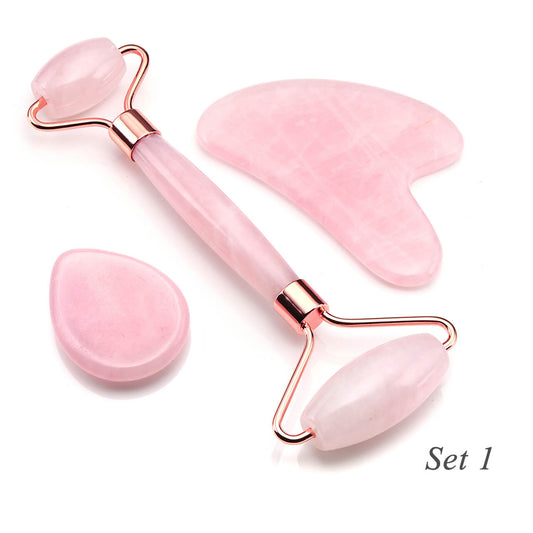 Jovivi 3 in 1 rose quartz gua sha board facial jade roller, set 1 front side, asg0039