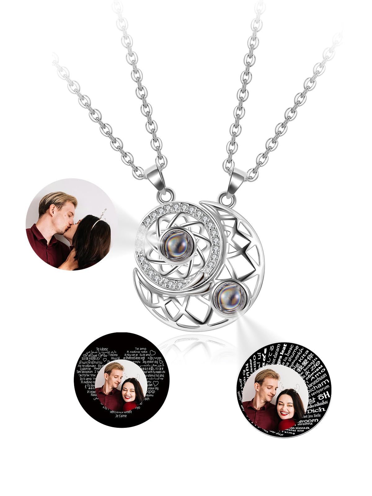 Joviviv Personalized Photo Projection Necklace Memory Custom Picture Projection Pendant I Love You Sun & Moon Mutual Attraction Matching Couple Necklaces