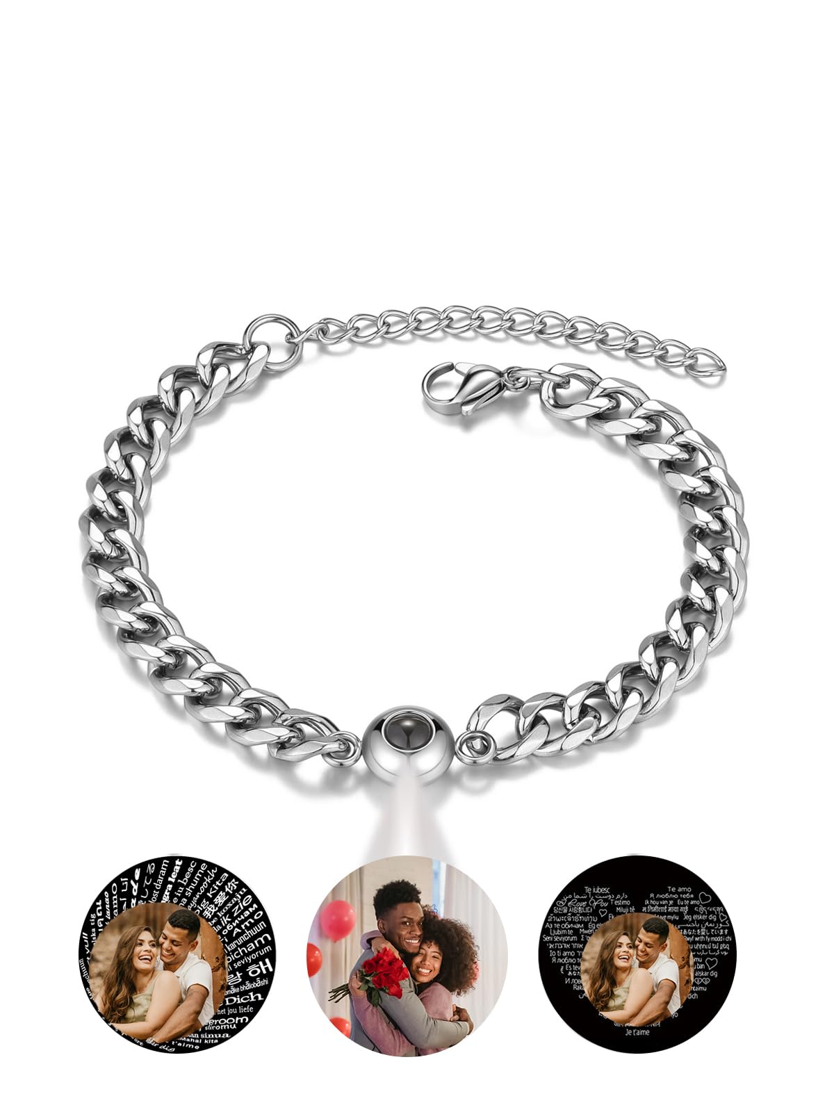 Jovivi Custom Bracelets with Picture inside Stainless Steel Men's Cuban Chain Customized Projection Bracelet with Photos Personalized Picture Bracelet Memorial