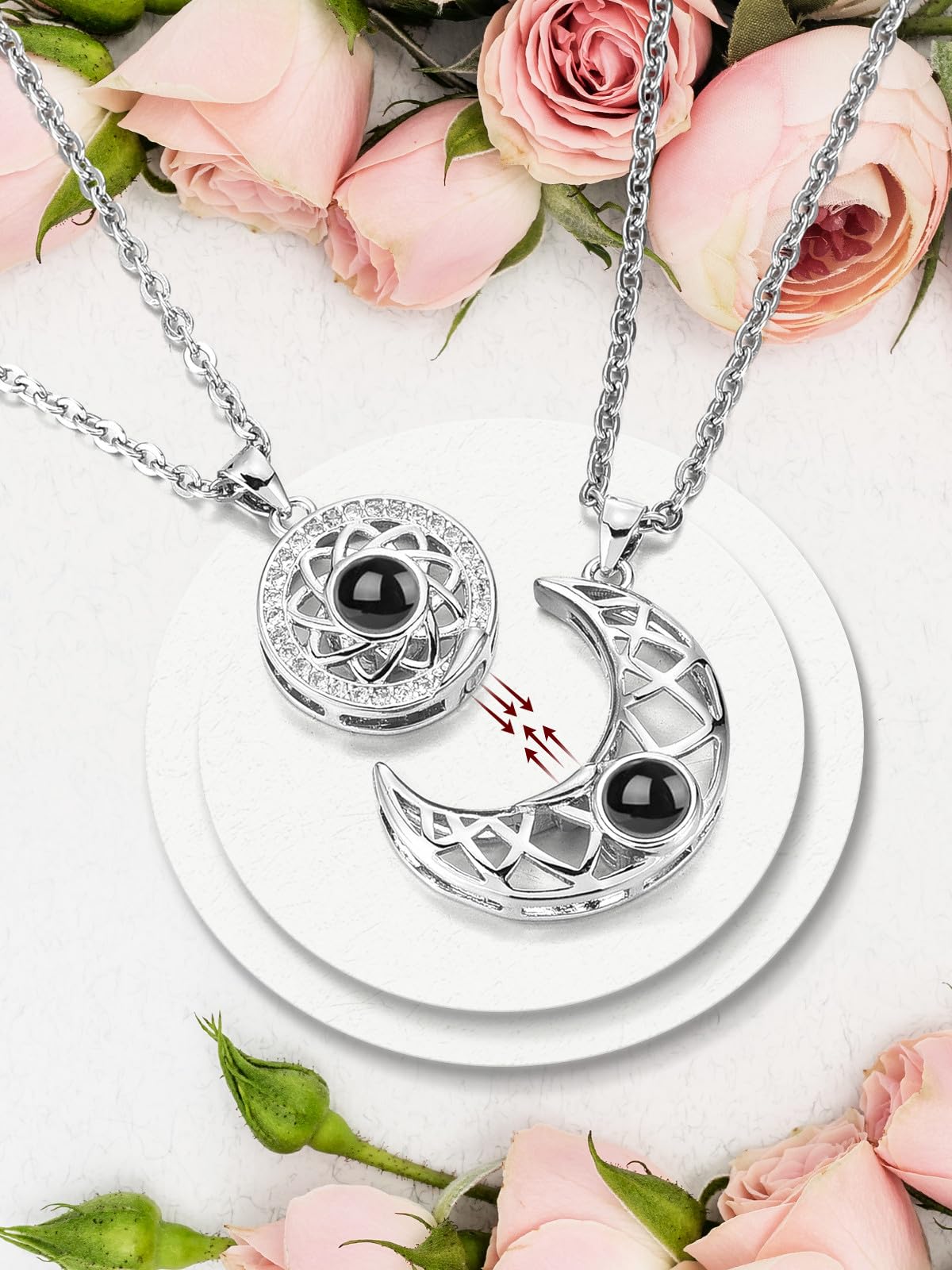 Joviviv Personalized Photo Projection Necklace Memory Custom Picture Projection Pendant I Love You Sun & Moon Mutual Attraction Matching Couple Necklaces