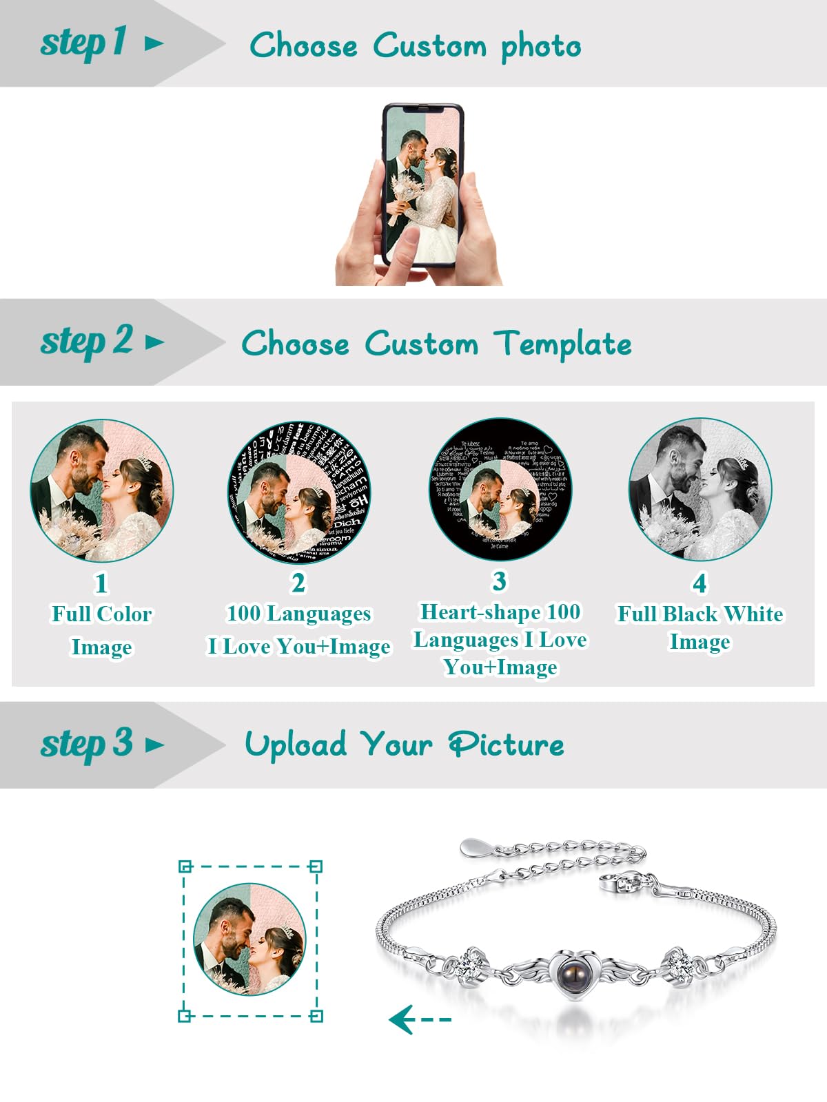 Jovivi Custom Bracelets with Picture inside Personalized Projection Bracelets