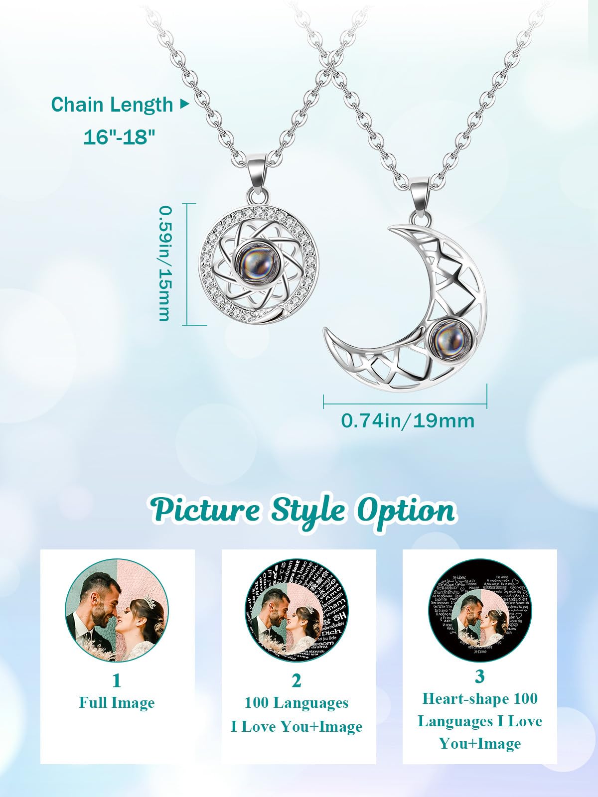 Joviviv Personalized Photo Projection Necklace Memory Custom Picture Projection Pendant I Love You Sun & Moon Mutual Attraction Matching Couple Necklaces