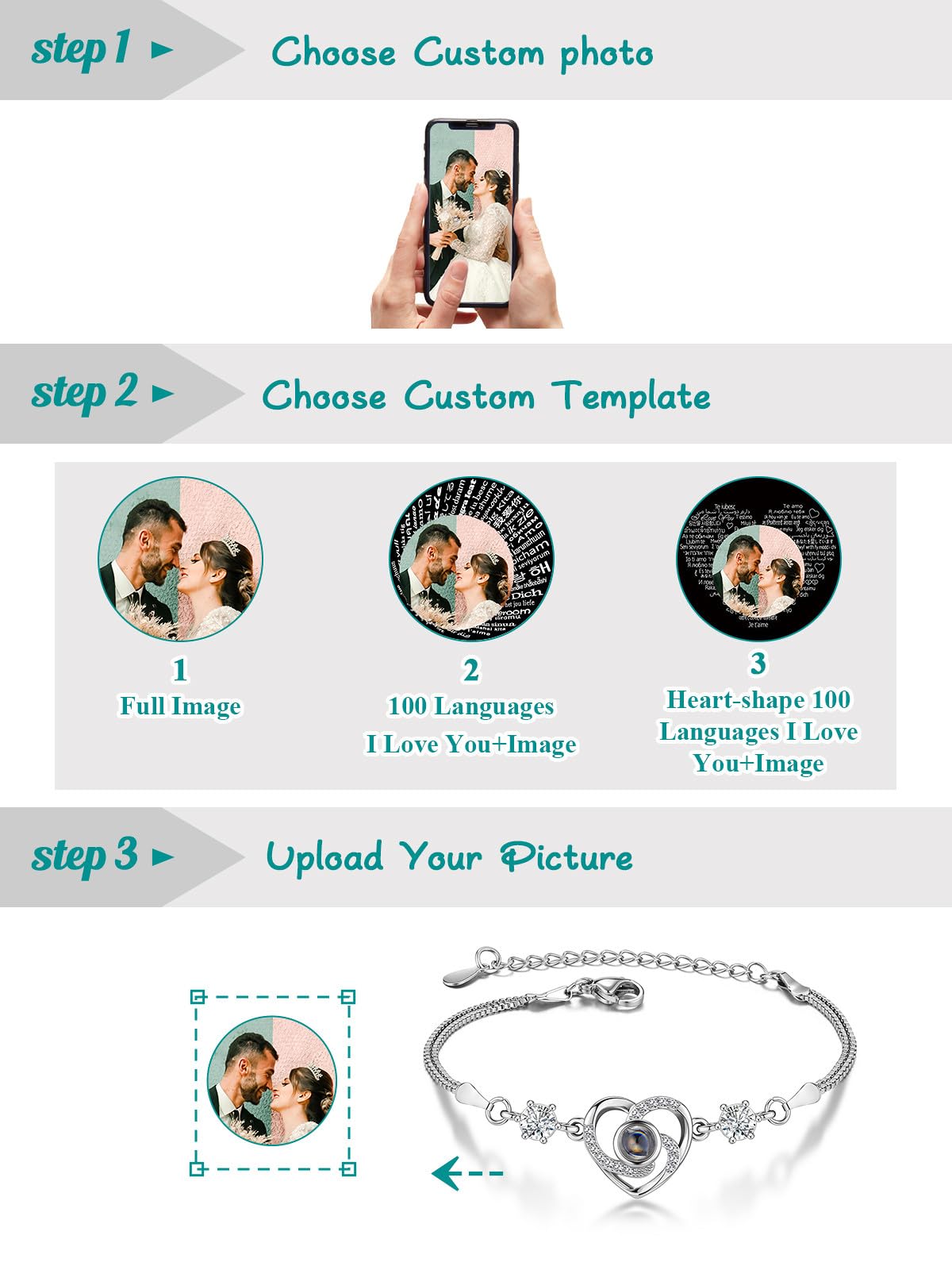 Jovivi Custom Bracelets with Picture inside Personalized Projection Bracelets Picture Bracelet