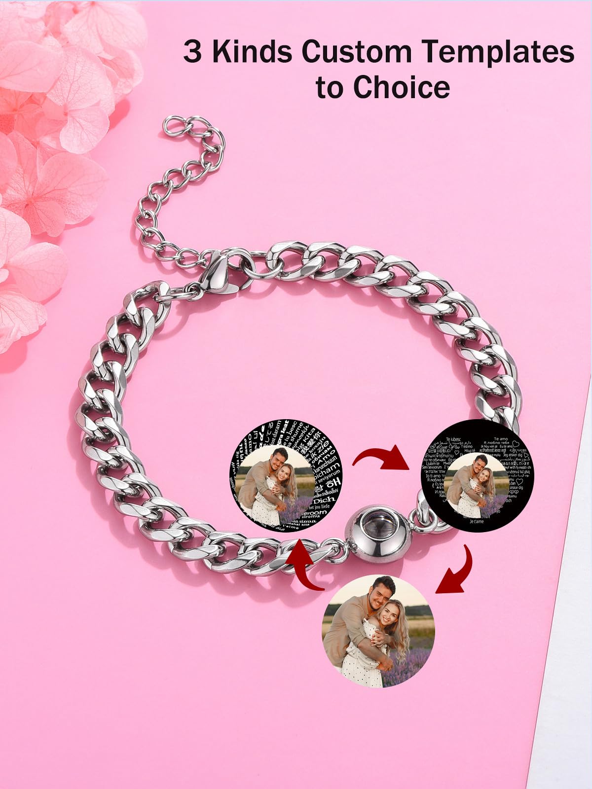 Jovivi Custom Bracelets with Picture inside Stainless Steel Men's Cuban Chain Customized Projection Bracelet with Photos Personalized Picture Bracelet Memorial